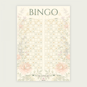 Elegant floral UK 90-ball bingo cards featuring 100 unique tickets in one printable PDF. Includes 50 pages with 2 cards per page. Perfect for bridal showers, tea parties, fundraisers, and family bingo nights.