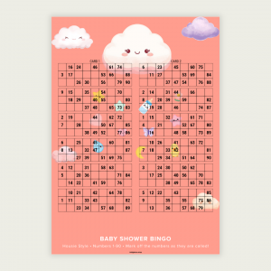 Printable Baby Shower Bingo featuring a cute pink cloud theme. Includes 100 unique UK-style bingo tickets (1–90) delivered as 1 PDF with 50 pages and 2 cards per page. Instant digital download.