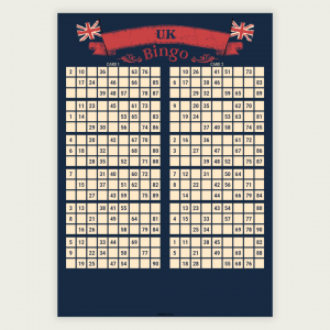 100 unique UK-style bingo cards in traditional 1–90 format. Includes 50 A4 PDF pages with 2 cards per page. Perfect for bingo nights, pub events, schools, fundraisers, family gatherings, and British-themed parties. Instant download.